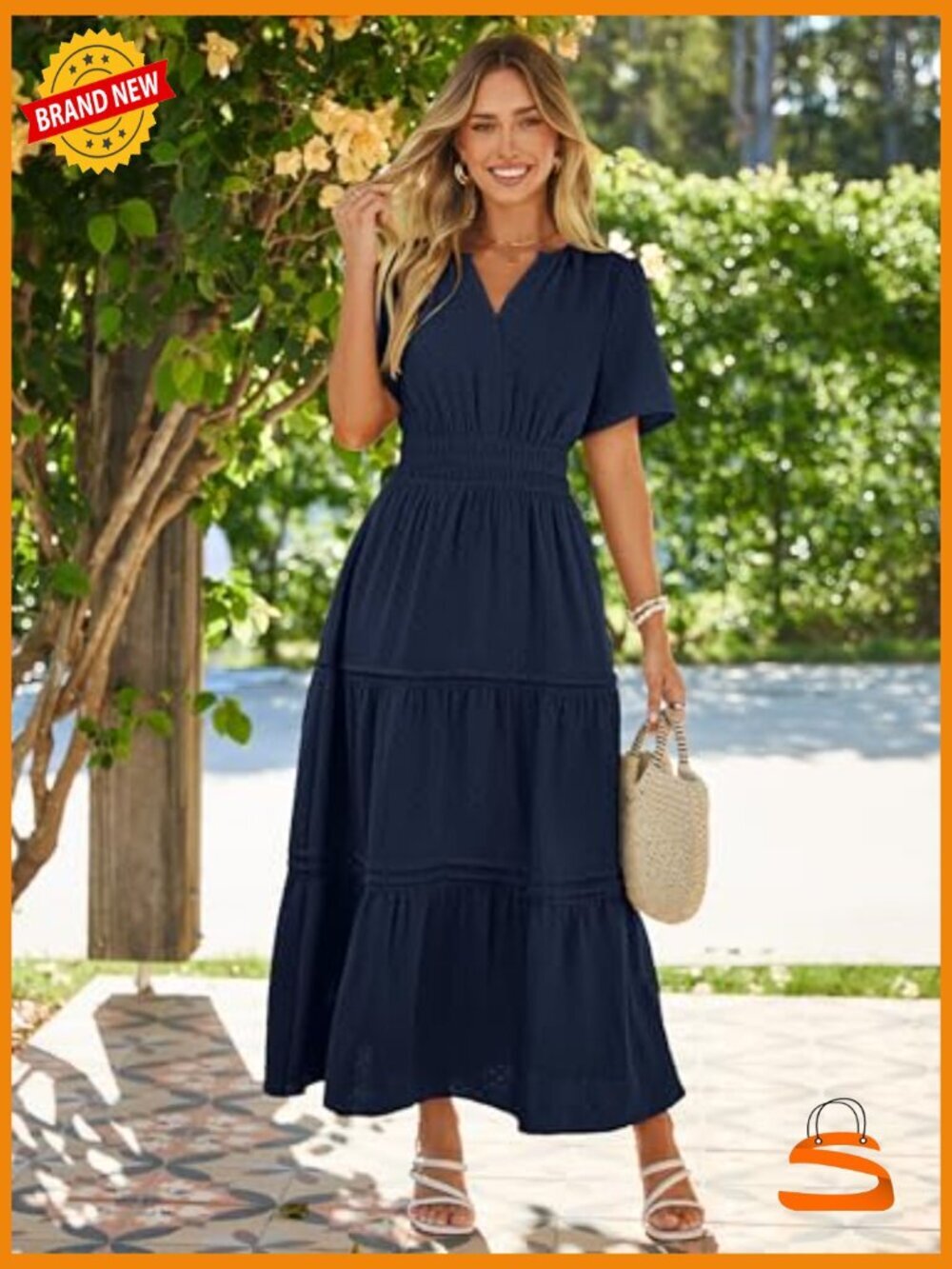 Summer Maxi Dress V-Neck Short Sleeve Elastic Waist Flowy Beach Long Dresses - Picture 2 of 7